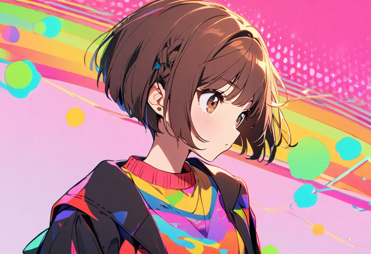 1girl, dark brown hair, stylish, bright, boyish, colorful simple background, 8k