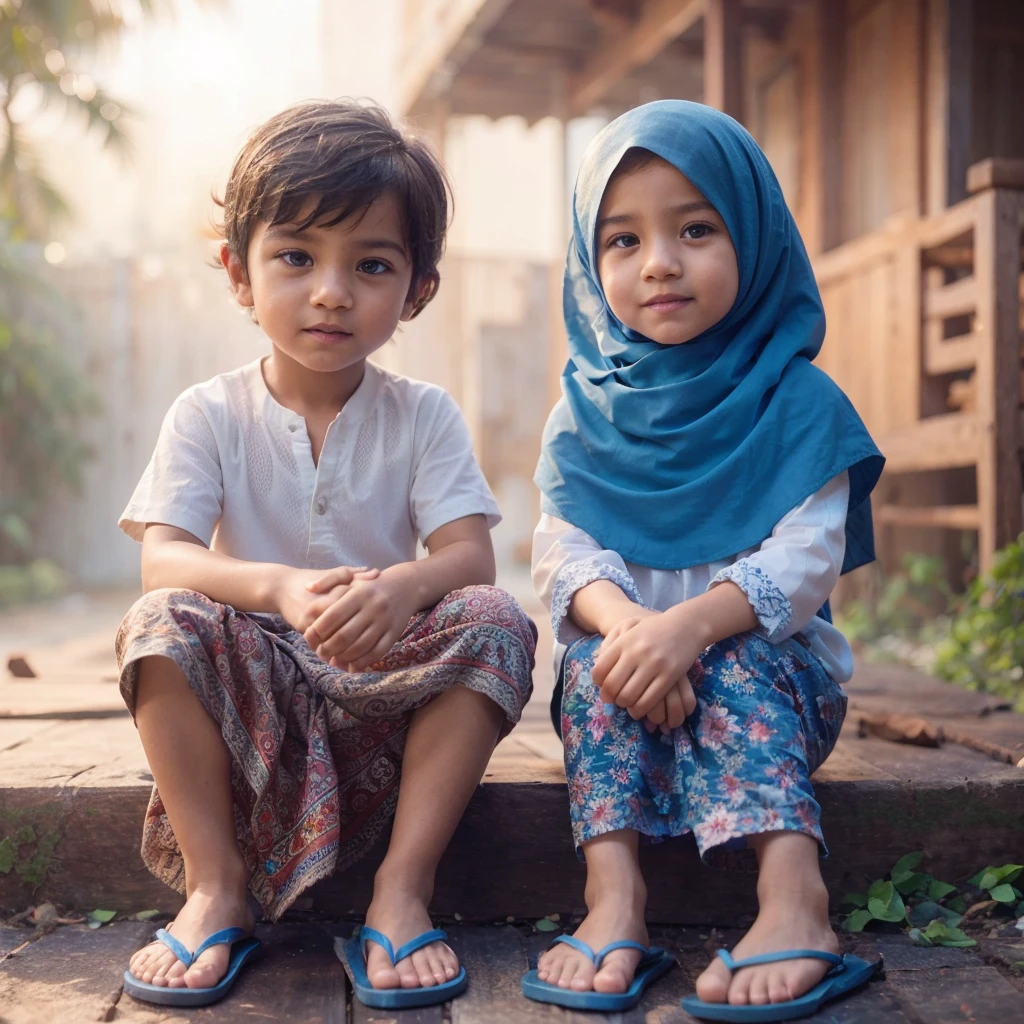 realistic  boy in realistic leather wearing a cap, sarong, white short sleeve shirt, flip-flops  & Muslim girl wearing blue hijab, flip-flops, in front of the wooden house it was quiet, they both look friendly, the hazy morning atmosphere gives a dynamic and colorful atmosphere to the scene. super detailed image quality,