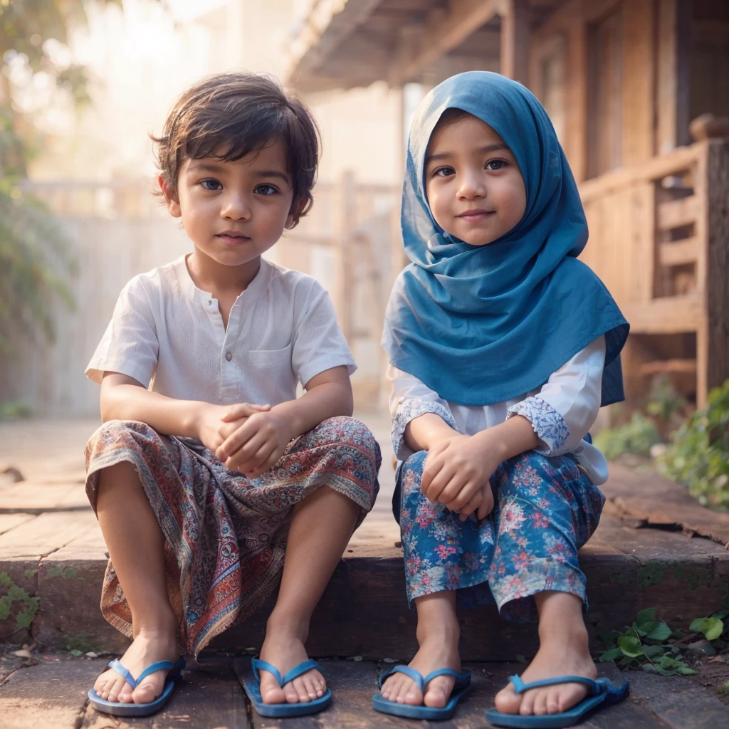 realistic  boy in realistic leather wearing a cap, sarong, white short sleeve shirt, flip-flops  & Muslim girl wearing blue hijab, flip-flops, in front of the wooden house it was quiet, they both look friendly, the hazy morning atmosphere gives a dynamic and colorful atmosphere to the scene. super detailed image quality,