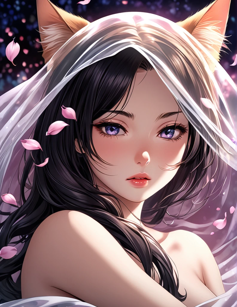 (Harem Manga style:1.2) , Hallucination, daydream , nightmare , Insane Dream , bokeh , erotica , romance ,  girl and realistic cat , Petals fluttering down , (Single eyelids, round nose, swollen cheeks) , glossy lips , Collarbone , Hair blowing in the wind , Goddess of lust , wrapped body by transparent blanket , hide crotch by cat , (close up cats faces)