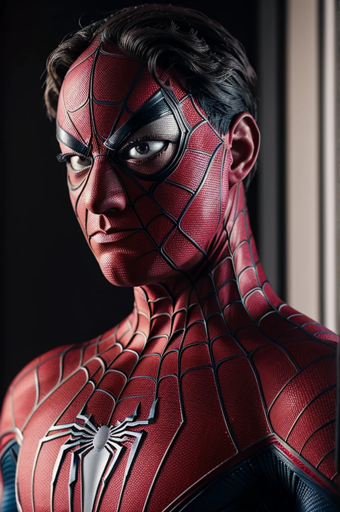 A photograph of Spider-Man., sin mascara, the 20s, elegant, detailed face, looking to the camera, portrait, 8k hd, high quality