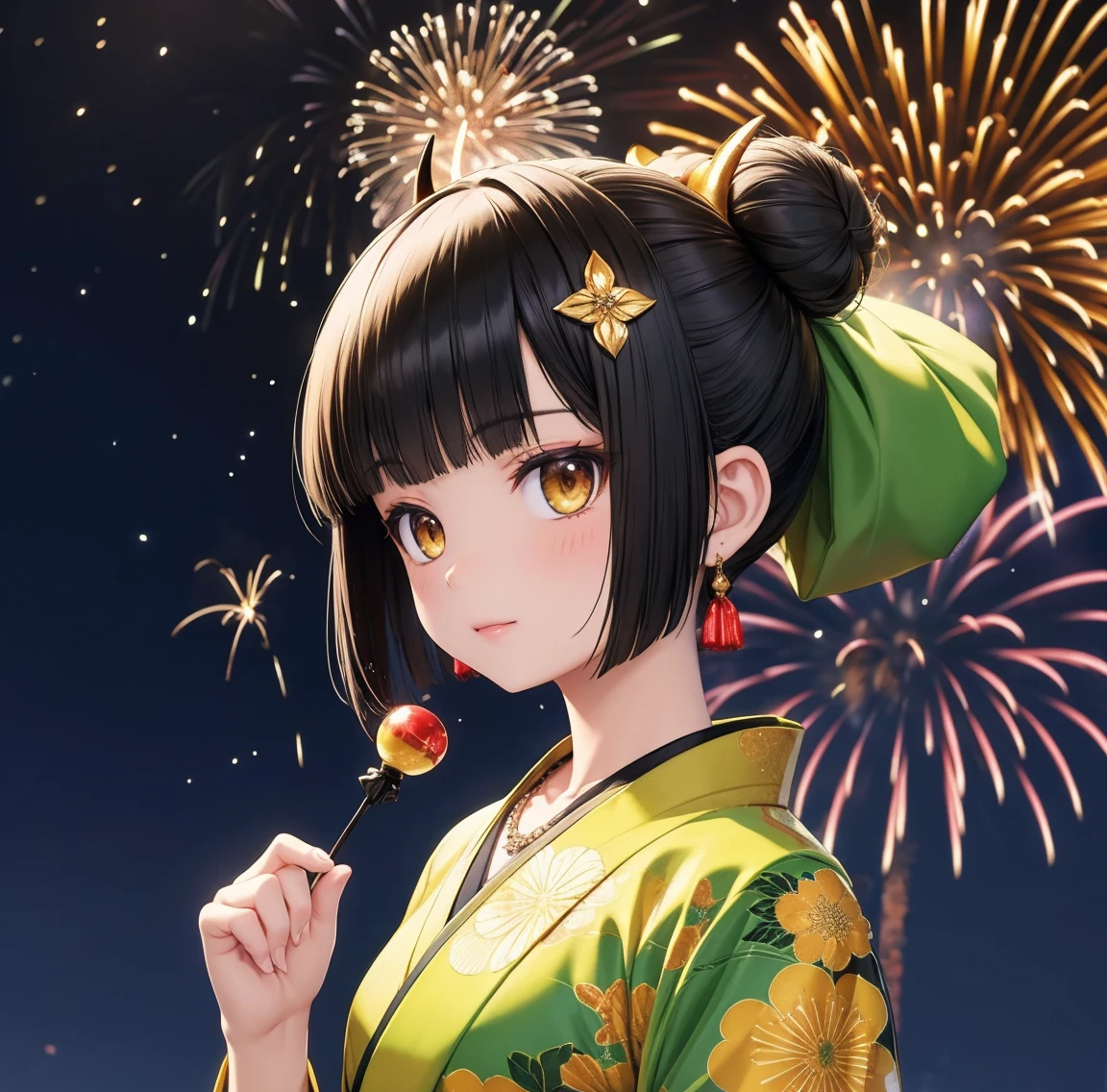 1 person、Green gorgeous kimono、,race,Black Hair、Short bun hair、hair ornaments、necklace、back、Golden devil horns、Anatomically correct,Fireworks in the night sky、