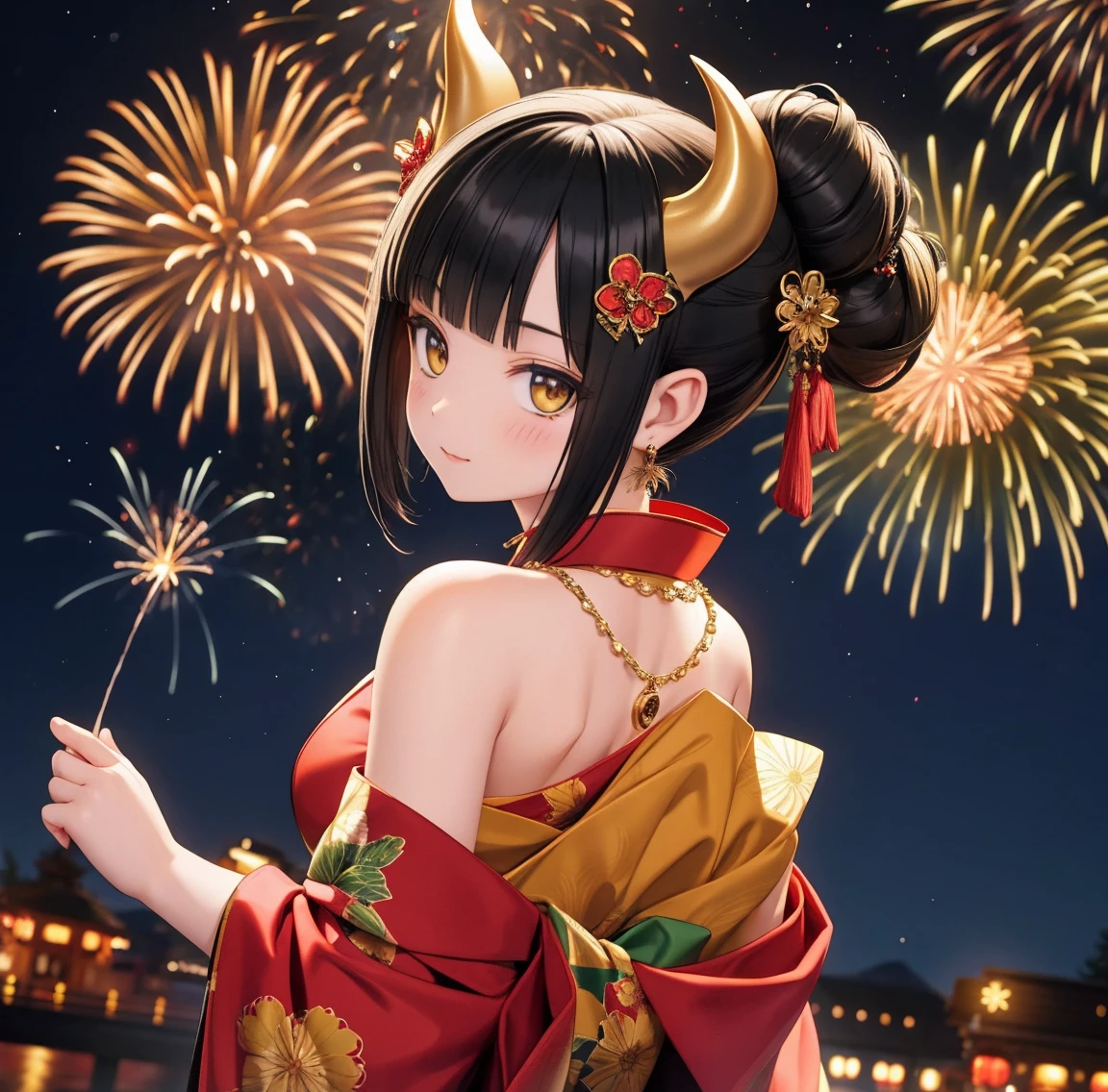 1 person、Green gorgeous kimono、,race,Black Hair、Short bun hair、hair ornaments、necklace、back、Golden devil horns、Anatomically correct,Fireworks in the night sky、