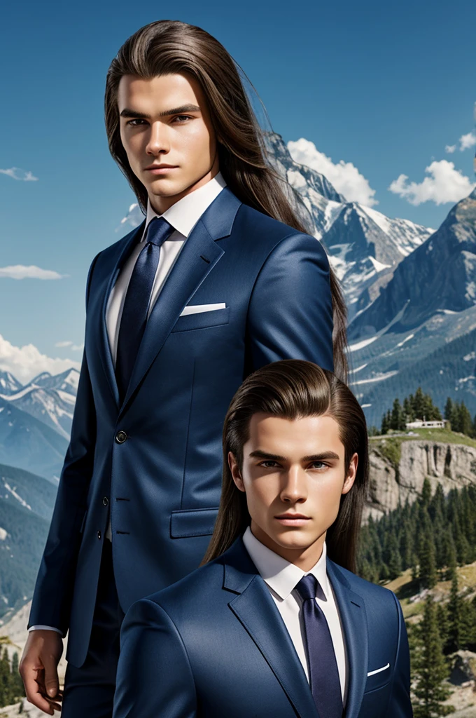 Create an avatar of a man around 15 years old with medium-long hair combed forward with an oval face wearing a suit from the future and a mountainous area in the background