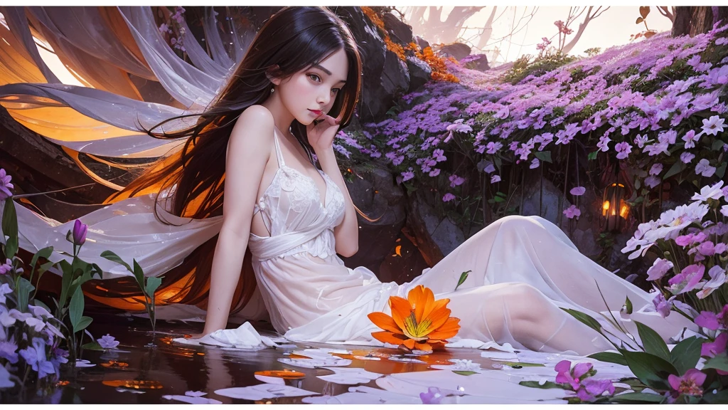 32k, Masterpiece, Highest quality, One girl, Detailed eyes, flower,Alstroemeria, White and orange style,A dreamy, romantic piece,Pale purple, Mysterious Leaves,A playful arrangement,Fantasy,High Contrast,Ink strokes,explosion,Exposure, Impression of white and orange tones,Abstract,((Watercolours by John Berkey and Jeremy Mann )) Brush strokes,Negative Space, Tyndall effect,