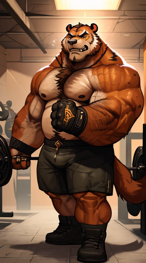 (best quality, 4k, highres, masterpiece:1.2), 1bear, 1boy, ultra-detailed, fury, furry art (realistic, photorealistic, photo-realistic:1.37), massive muscular, huge muscular, chubby Grizzly bear, working out, deadlifts, workout in the gym, pulley cable extractions, cable exercise machine, straining, sweating, black shorts and black wristbands, lifting heaviest weight, barbells, gym equipments, brown hair, thick brown fur, super thick arms, super big pectoral, super wide hairy pectoral, topless, shirtless, eyebrows, impressive brown beard, kind eyes, strong arms, proud posture, well-built physique, professional lighting and backdrop, intense shadows, vibrant colors, dramatic composition, gritty texture, vintage aesthetic, dynamic perspective. Add textures and details to make the image more realistic, such as the appearance of the body built muscles texture and the appearance of the brown fur,