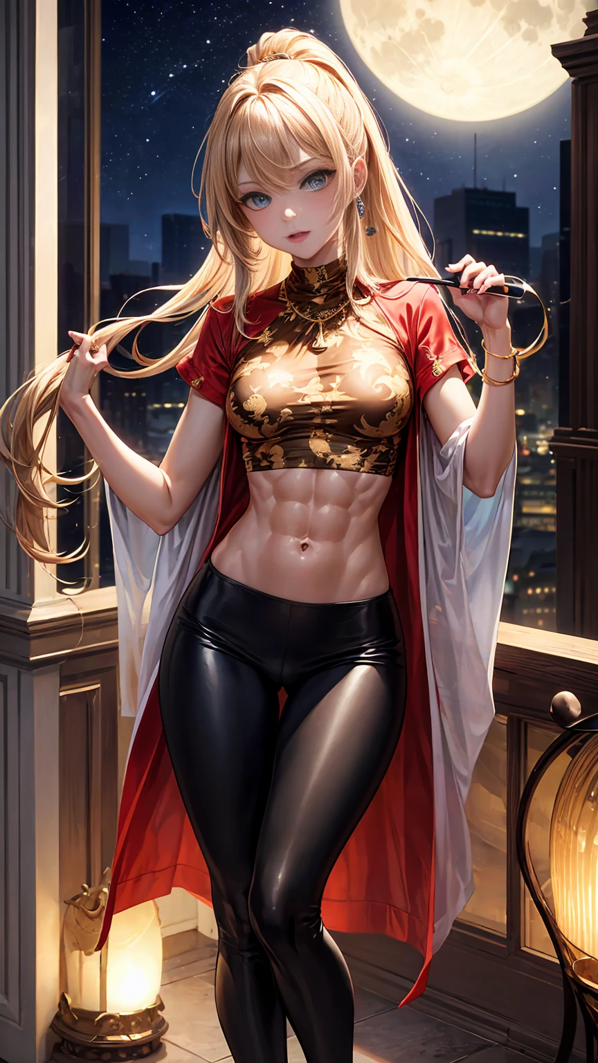 Beautiful woman with long straight ponytail blond hair with blue eyes wearing a Black Tight Leggings With Golden Dragon Prints, a Red  Criss Cross Mock Neck Short Sleeves Blouse With Phoenix Prints, luxurious jewelry and a luxurious necklace, 18k gold wedding ring on left hand, standing in a balcony at night of full moon, (caucasian skin), (light brown lipstick), (elegant mascara), (slim body with abs), (small ), (wide ), midjourney, <lora:GoodHands-, <lora:GoodLegs-, UHD, high resolution, (masterpiece:1.1, best quality), (expressive eyes, perfect face, full body, expressive face, perfect body, perfect , athletic, fit, slim body, blushing, Perfect makeup, eyeliner, beautiful eyelashes, smiling,  face), ((best illumination, best shadows)), (( pose))