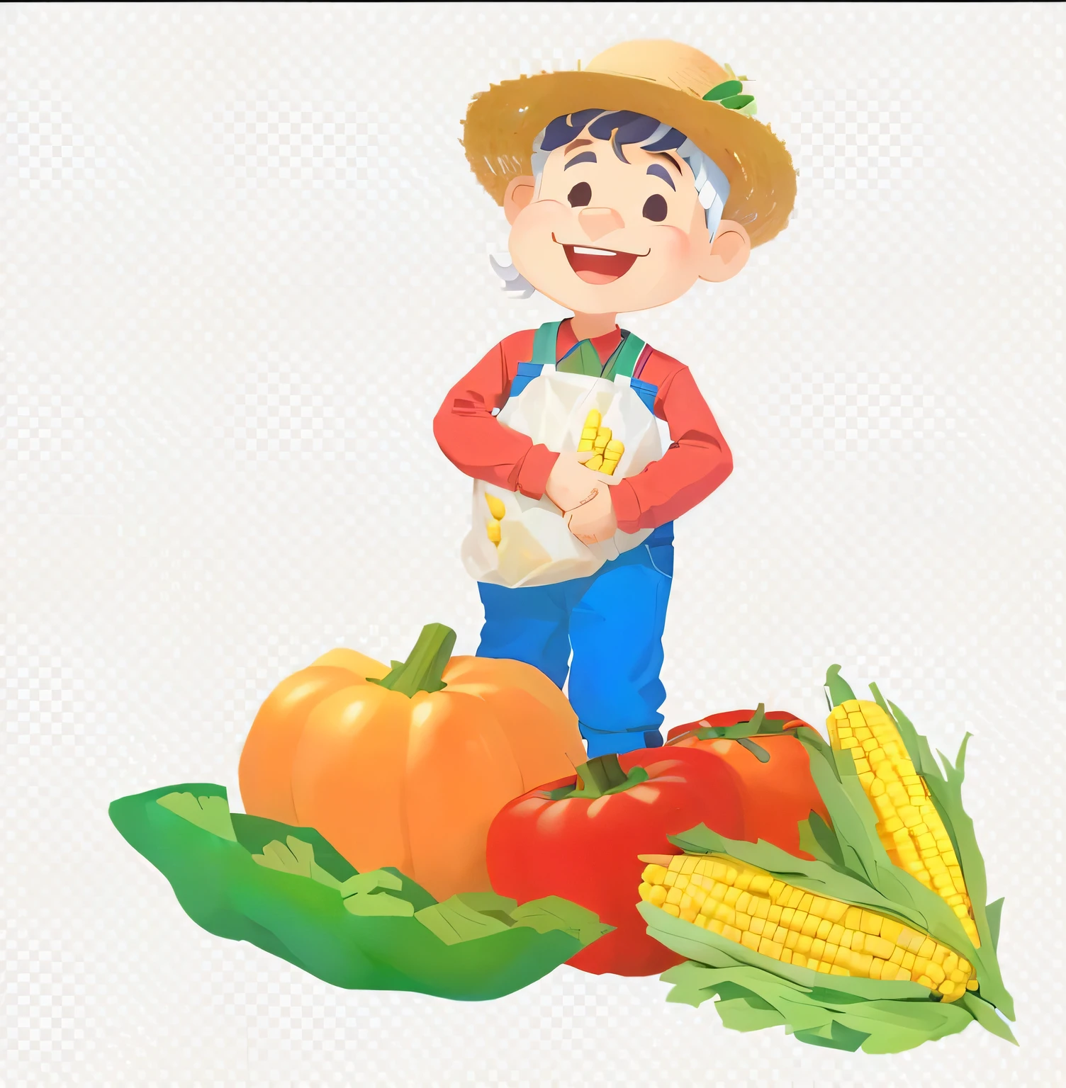 a cartoon Farmer with a bag of vegetables and corn, clipart, illustration!, clipart, Farmer, 1024x1024, Transparent background, wearing farm clothes, Full body photo, japanesse Farmer, full photo, farm background, tall Farmer, high image quality, hd illustration, bg white, PNG sin comprimir, very very low quality image