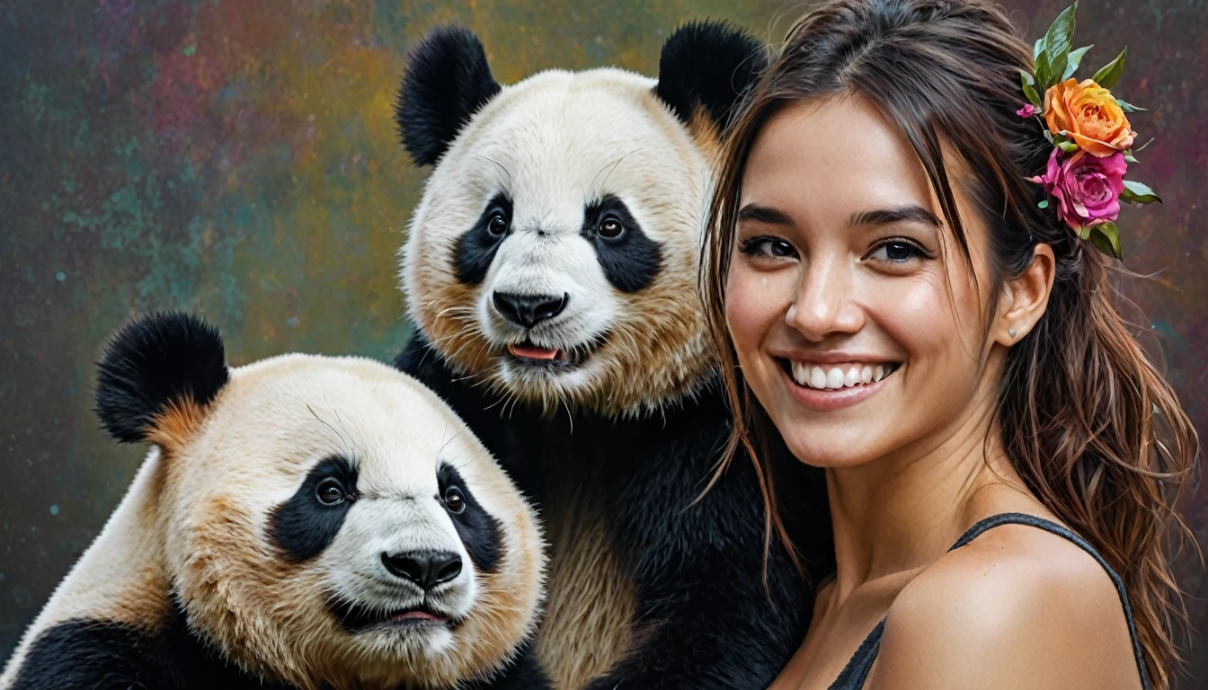 half  body,
a woman smile  with her best friend her Panda,
dark complex background, style by Thomas Kinkade+David A. Hardy+Carne Griffiths+Mandy Disher half vivid colors fine art, best quality, high detailed, detailed faces, 2d,