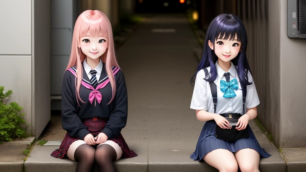 2girls, Sisterhood, Magic_girl, Two-tone hair, Live Action,Hold a condom in your mouth、A defiant smile、Lifting her skirt, a dark alley、Sit on the air conditioner's outdoor unit、
