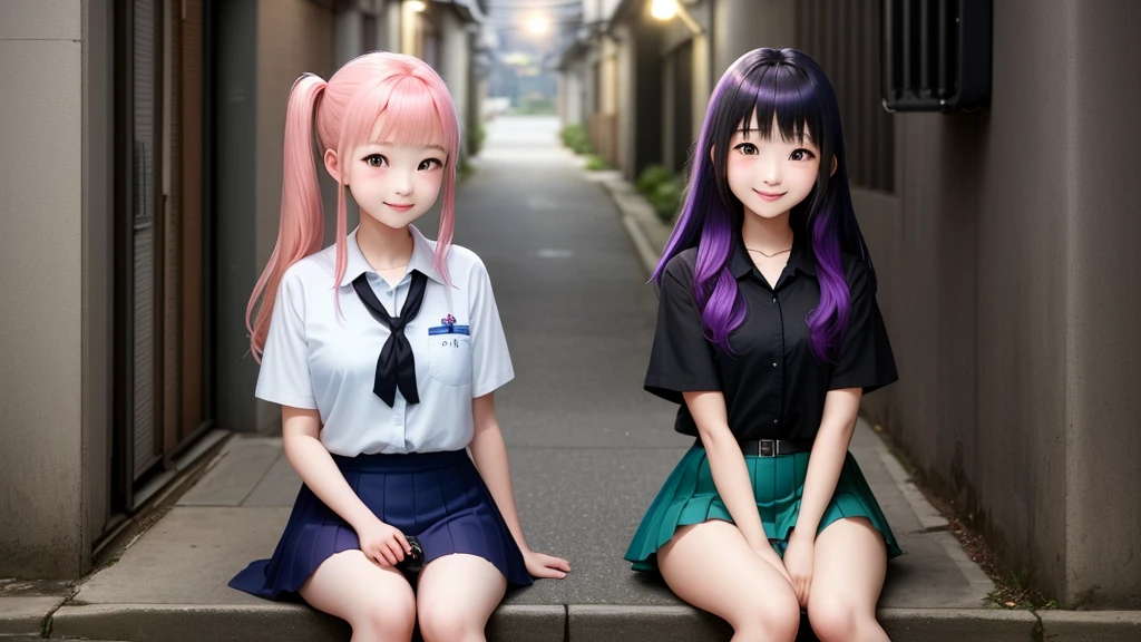 2girls, Sisterhood, Magic_girl, Two-tone hair, Live Action,Hold a condom in your mouth、A defiant smile、Lifting her skirt, a dark alley、Sit on the air conditioner&#39;s outdoor unit、
