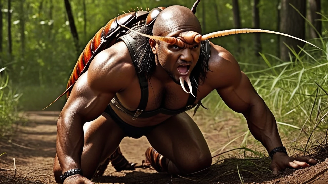 muscular cockroach man, realisitic, In the wilderness