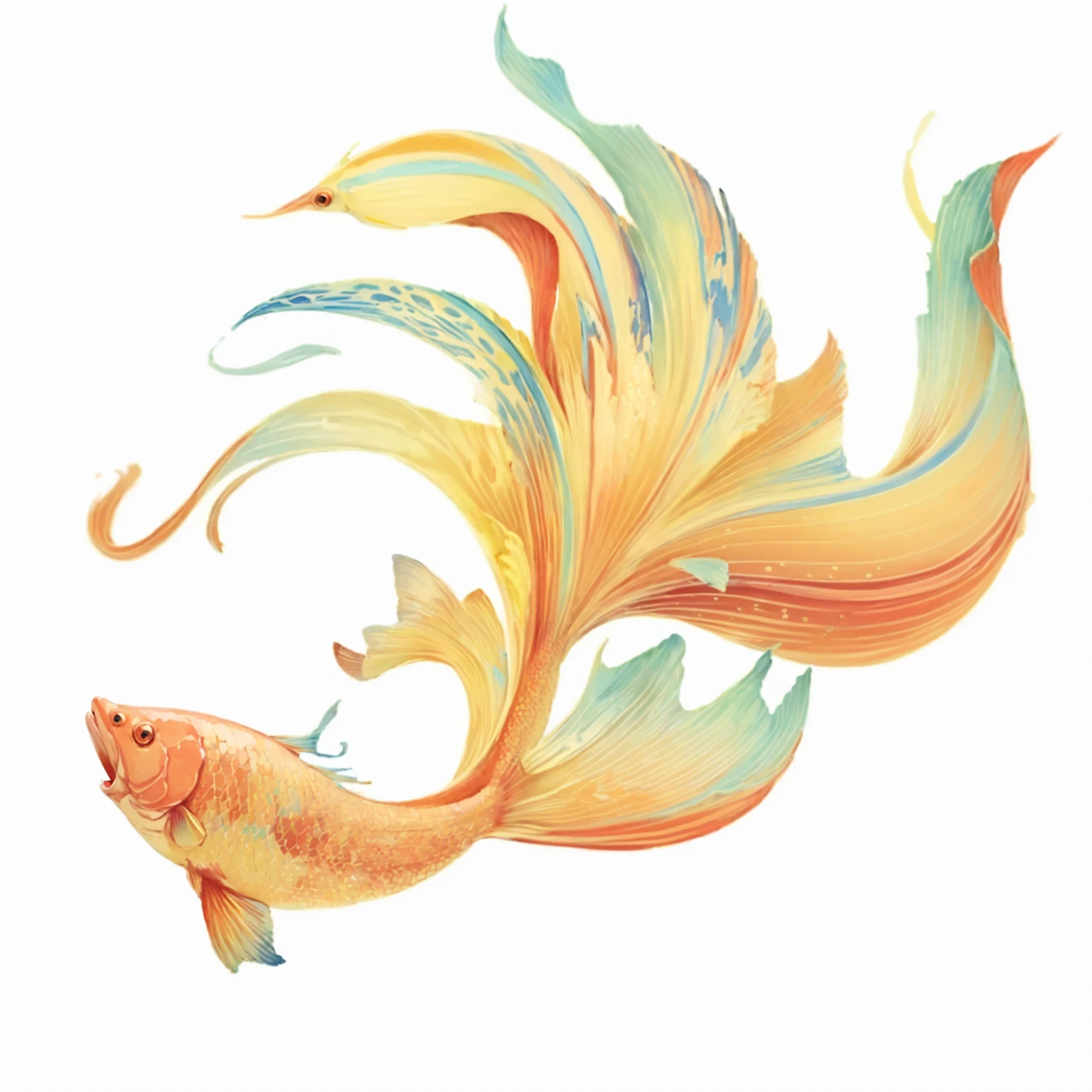 There is a fish,It is painted with colorful colors, Colorful fish, 一幅美丽的Art Illustration, Gorgeous and smooth, Require fish, Art Illustration, Require, Intricate flowing paint, Require colors, goldfish, Painted in bright watercolor, Full color illustrations, White coloring, Written in light colors on white, Beautiful digital illustrations, Color illustrations