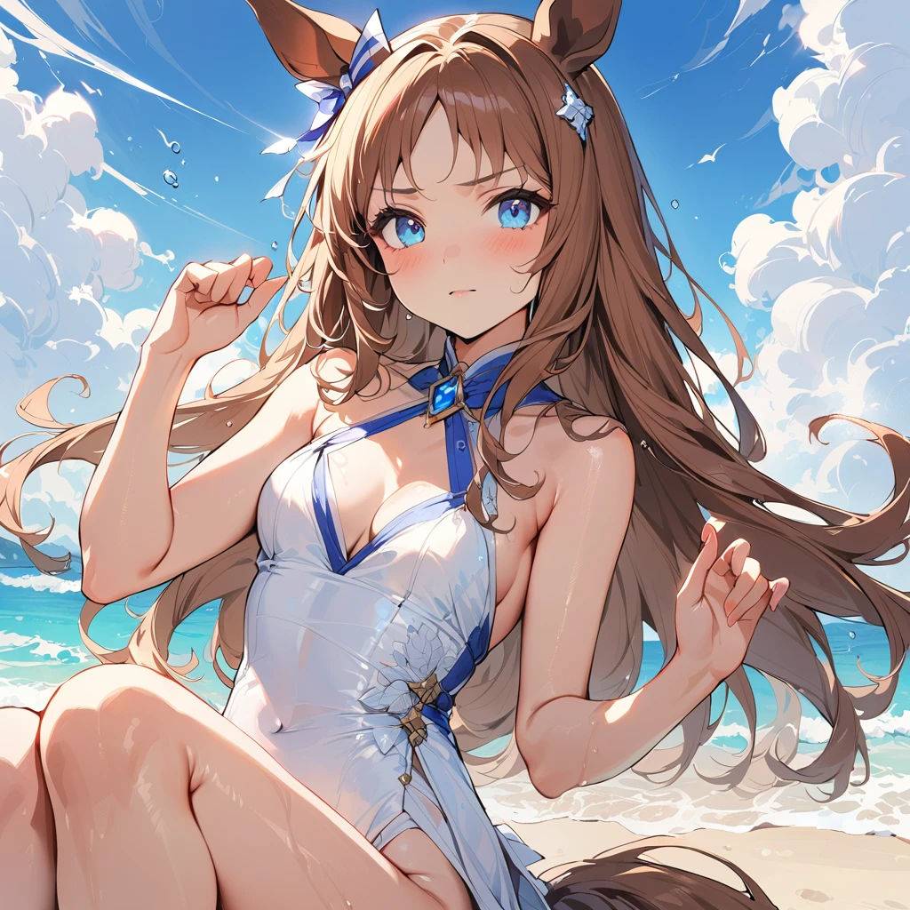 ((16k, highest quality, master piece: 1.2, super detailed, super high resolution, super detailed)),  1 girl, Glass Wonder \(umamusume\), Chestnut Hair, Long Hair, straight hair, Blue ribbon earrings, red line, one girl, animal ears, horse tail, Blue Eyes, fashionable, elegance, charming, , stunning, charming cleavage, lovely, charming, cute, beautiful detailed face, beautiful detailed eyes, soft expression, slim Beautiful figure, curvaceous, Small breasts, slender arms, graceful hands, delicate fingers, slim wrists, elegant neck,  shoulders, smooth skin, Seaside, sandy beach, Outdoors, blue sky,(White one-piece swimsuit,Blue and red lines, drenched, Wet skin)), A little angry.