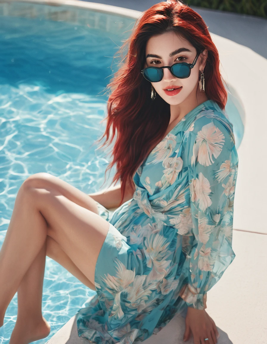 best quality,masterpiece,ultra high resolution,(authenticity:1.4),original photo,Cinema lighting,
1 girl,Smile,backlight,ocean,erial View,woman,with long pink hair,( dress, sunglasses,) pool, sky blue color, bikini, water, shoulders, music video, youtube, screenshot, dua lipa, , behind view , ultrarealistic, detailed" "female, fashion, summer, stylish, glamour, elegant, trendy, chic, model, leisure" "luxury, poolside, tropical, vacation, relaxation, sunlight, reflection, water droplets, fashionista, modern,long hair,full photo