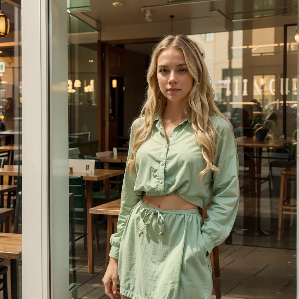 A white woman with wavy blonde hair and green eyes, wearing a set of clothes, stands in front of a restaurant with glass decoration.