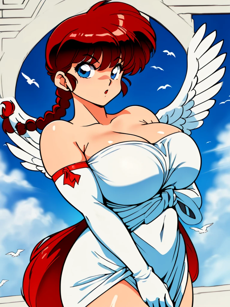 RanmaChan, Sexy, (Doggystyle:1.2), Tabletop, (Penetration:1.2), (Red hair, (Long pigtails, braids), Black hair tie, Medium thick bangs), Blue eyes, Curvy body, High body, (Angel wings, Huge), (Medium boobs:1.3), Beautiful cleavage, (White elbow gloves), ((Luxurious dress, Pure white)), Waist:1.2, Medium ass:1.2, (Flapping in the sky, Flying in the sky, Sexy pose, Large), (4 fingers, 1 thumb), (Shooting, Front, From below), (Sky background, Clouds, Sun, Birds, In the sky), (Retro art style, Beautiful brushstrokes, Super detailed painting, 32K Ultra HD, Masterpiece)