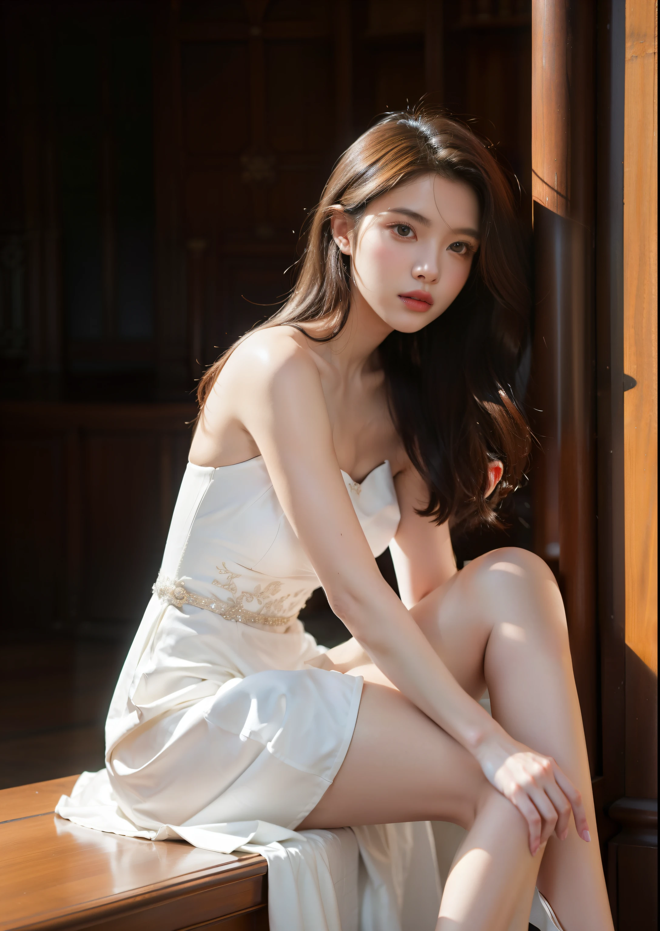 Beautiful 18 year old tall and slender woman。perfect legs. perfect face. She is fashion model. She is staying in the old classic church. She is wearing a summer wedding dress.She is illuminated by sunset light. Her dark brawn hair. High resolution、masterpiece、highest quality、頭w:1.0、((Hasselblad Photos))、fine skin、(movie lighting)、clavicle . full body picture.