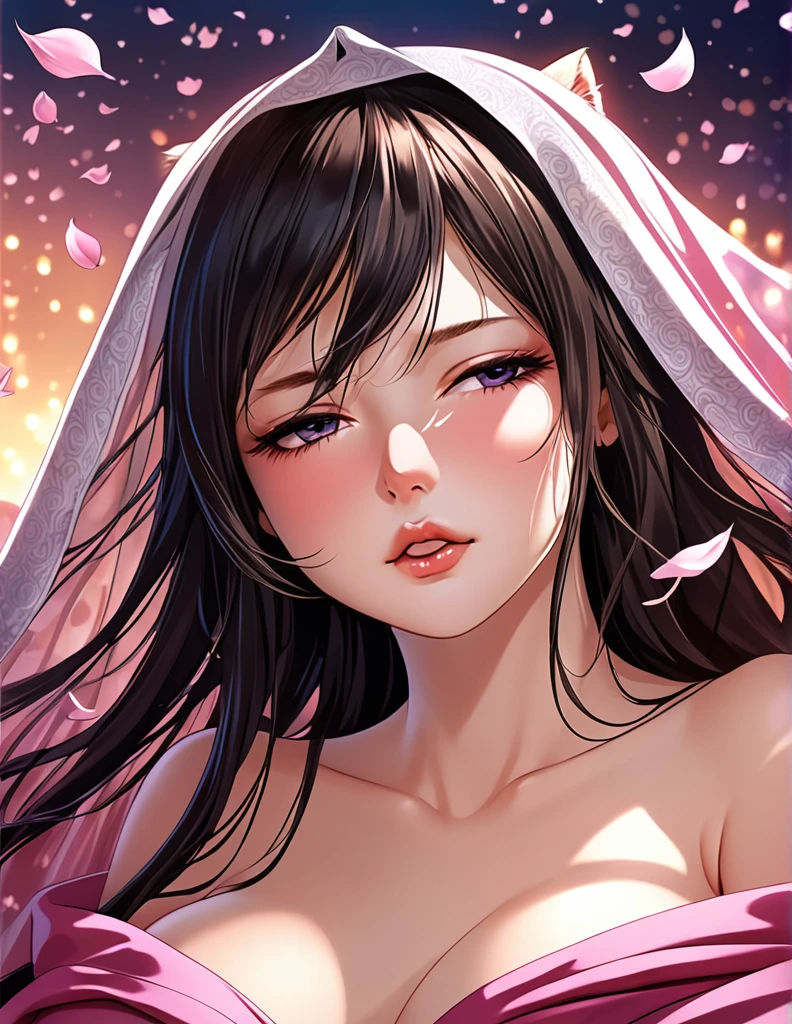 (Harem Manga style:1.2) , Hallucination, daydream , nightmare , Insane Dream , bokeh , erotica , romance , girl and realistic cat , Petals fluttering down , (Single eyelids, round nose, swollen cheeks) , glossy lips , Collarbone , Hair blowing in the wind , Goddess of lust , wrapped body by transparent blanket , hide crotch by cats , (close up cats faces)