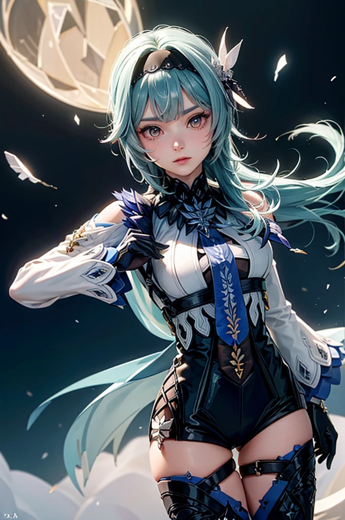 ((euladef)):1.5,((masterpiece,Highest quality,Highly detailed images,Beautiful images))1.4(Huge crystal in the background、Overall dim lighting、Backlight、A fantastic atmosphere、Thick Fog、Dust flutters)1.3,(Close-up image of eula)1.1、(Beautiful cleavage、Exposing cleavage)Mr.々A pose