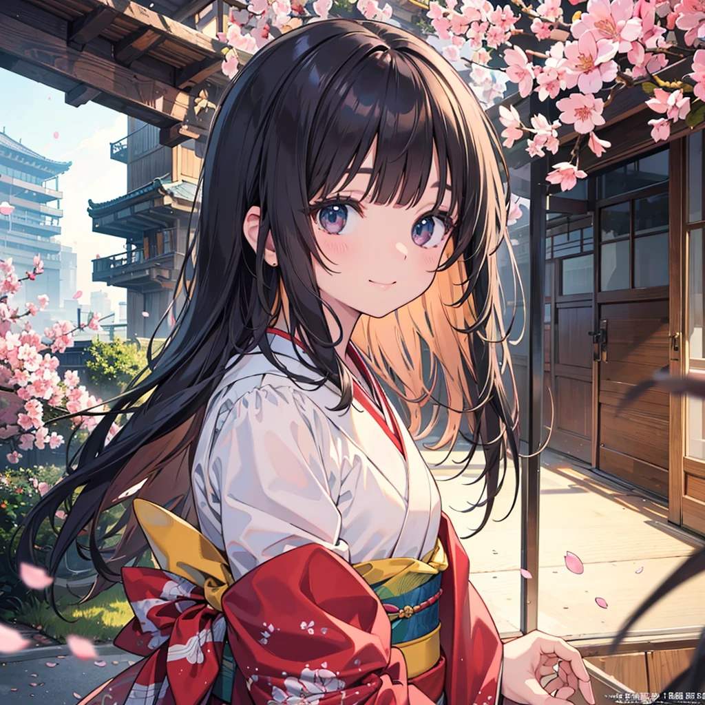 Official Art, wallpaper, Very detailed, (((Very detailedな目と顔))), shut your mouth, Warm smile,1 Girl,Arms hanging down,Half Body,Medium shot,masterpiece, best quality, Realistic Portraits, (Zendispute, Mandala, dispute, Endispute), kimono, Very detailed, Dynamic Angle, The most beautiful form of chaos, elegant, Brutalist design, Vibrant colors, Romantic cherry blossoms,outdoor,Sunlight