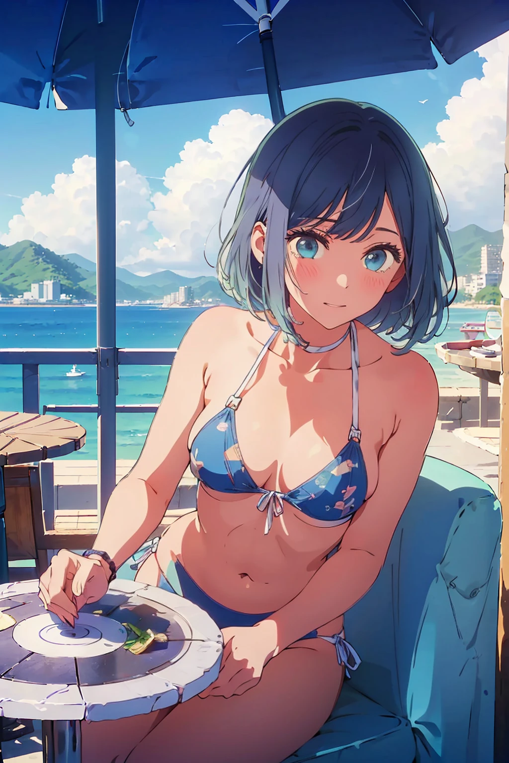 (Highest quality:1.4、8K:1.4、detailed)、F cup bust、Big Breasts、Slim body、Very white beautiful skin、((((1 person、Surprised expression、sit、Chair、In the background are the urban buildings of Tokyo、looking at the camera、Outdoor café terrace、coastal、Navy hair color、juice、Shooting up close、table、White Bikini、Very cute face))))、(Areola protrudes from the bikini:1.7)、Very blue sky、A completely cloudless sky