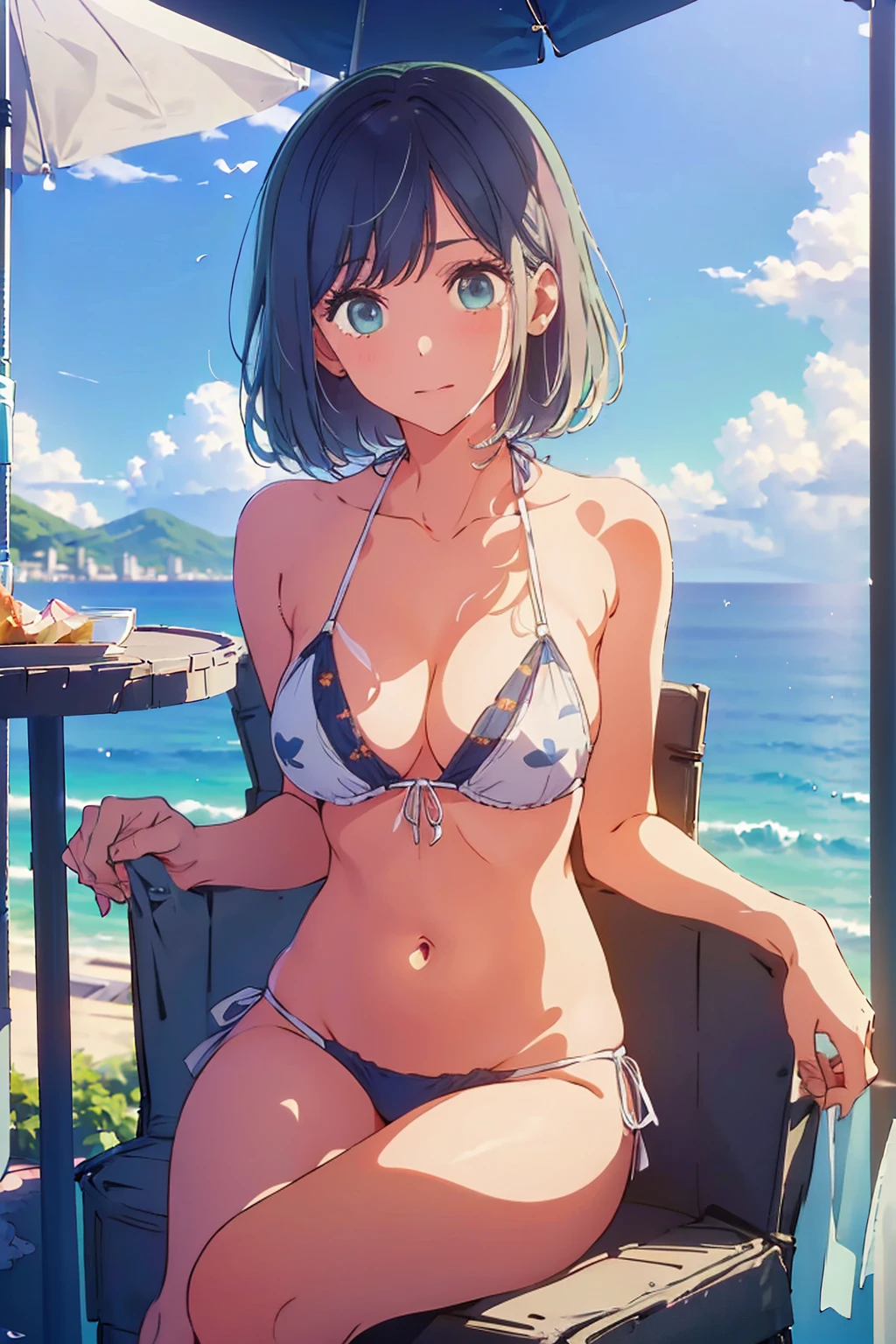 (Highest quality:1.4、8K:1.4、detailed)、F cup 、、Slim body、Very white beautiful skin、((((1 person、Surprised expression、sit、Chair、In the background are the urban buildings of Tokyo、looking at the camera、Outdoor café terrace、coastal、Navy hair color、juice、Shooting up close、table、White Bikini、Very cute face))))、( protrudes from the bikini:1.7)、Very blue sky、A completely cloudless sky