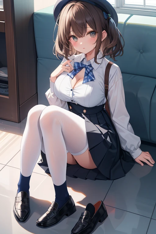 One Girl、Positive、From above、Full body portrait、Brown haired、Medium Haircut、blush、Absolute area、Knee socks、stockings、pantyhose、lace pantyhose、White underwear、Cleavage、Light blue cut shirt、Unbutton your shirt、Navy blue checkered pleated skirt、Very short skirt、Inside the school、Daytime、（Very big boobs）、((Full Body Lesbian))、masterpiece、（highest quality）、
Panties around the ankles、loafers，lol，happy