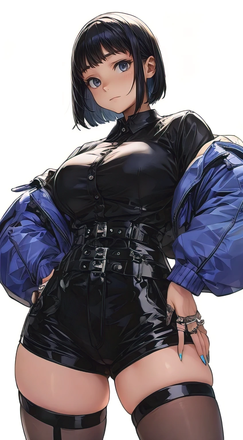 perfect hourglass full body figure, hyperfeminine, wide hips, thick thighs, large breasts, exotic eyes, dangerous allure, dystopian city, vibrant tones, anime realism