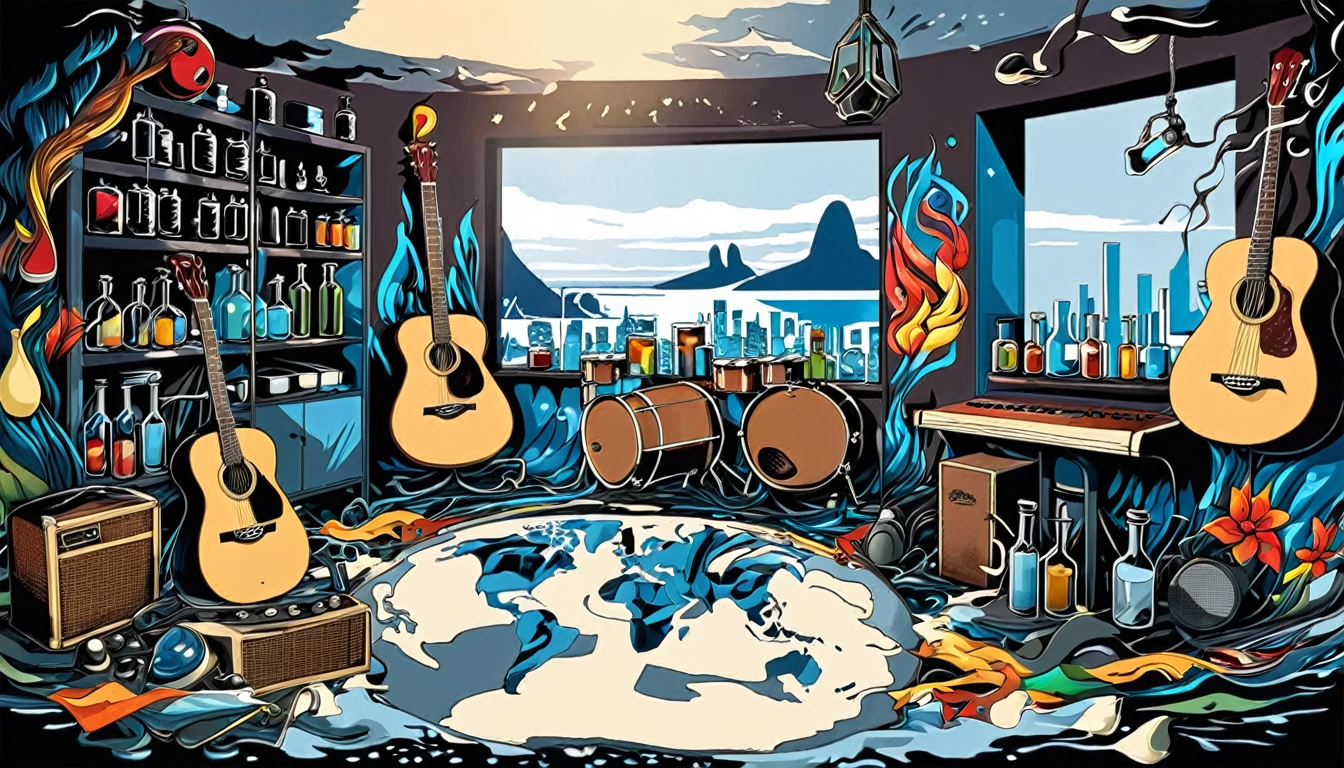 Masterpiece; Guitars and drums in a small science lab(((several science bottles around the room))); World map on the wall. Mozart complete with speakers and glass flasks of chemistry, embody the resilience and tenacity of the scientific community, infused with a bold graphic allure that enlivens the spirit of science. The design penetrates layers of depth, integrating the raw essence and vibrant cores of Rio de Janeiro culture street. Brushstrokes that incorporate the fluid energy of graffiti on guitars and acoustic guitars weave around dynamic geometric shapes, adorning the laboratories with an evocative masterpiece that speaks to the heart of the intersection between two diverse worlds. Majestically rendered in high definition and vibrant color, every detail bursts with life, inviting viewers to marvel at the beauty that; by Monet