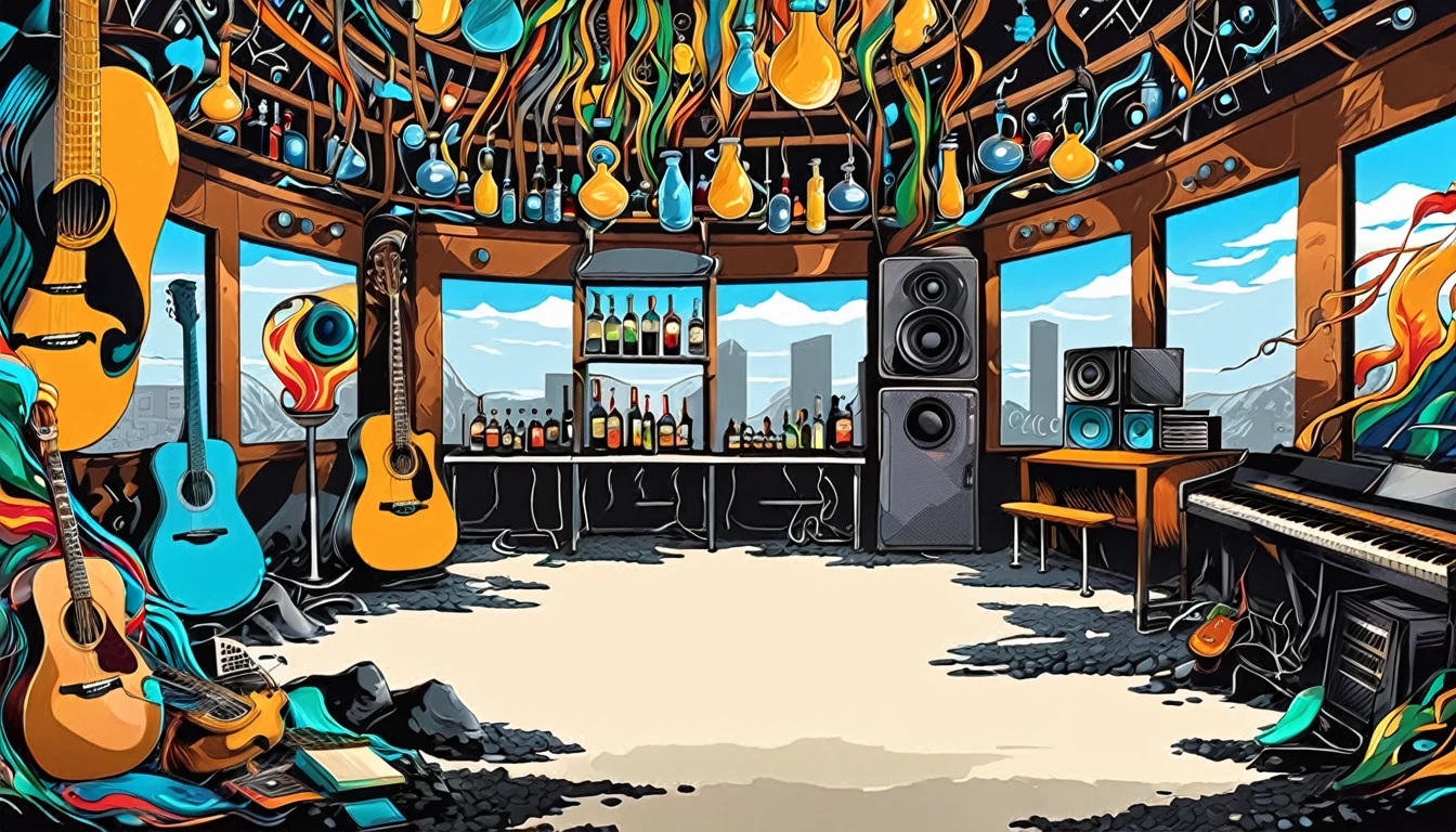 Masterpiece; Guitars and drums in a small science lab(((several science bottles around the room))); World map on the wall. Mozart complete with speakers and glass flasks of chemistry, embody the resilience and tenacity of the scientific community, infused with a bold graphic allure that enlivens the spirit of science. The design penetrates layers of depth, integrating the raw essence and vibrant cores of Rio de Janeiro culture street. Brushstrokes that incorporate the fluid energy of graffiti on guitars and acoustic guitars weave around dynamic geometric shapes, adorning the laboratories with an evocative masterpiece that speaks to the heart of the intersection between two diverse worlds. Majestically rendered in high definition and vibrant color, every detail bursts with life, inviting viewers to marvel at the beauty that; by Monet