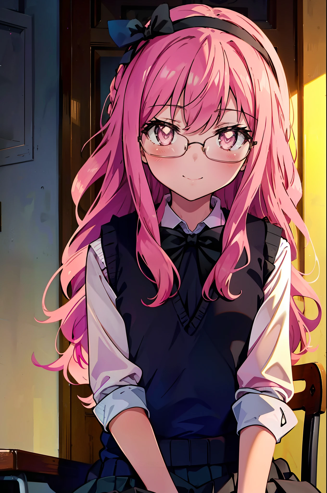 {{masterpiece}},{{Highest quality}},{{High resolution}},{{Caustics}},{{Familiar}},blush,
 smile,Louise Françoise Le Brun de La Valliere,Akabuchi Glasses,hair band,Pink Hair,Pink Eyes, 黒break skirt, shirt, bow, ribbon, , white shirt, Short sleeve, Pleated skirt, collared shirt, mini skirt, bowtie, 黒いloafers , Black Skirt, Black pantyhose, loafers, green bow, (pink sweater vest:1.5),,classroom,Sit on a chair,whole body,(Cowboy Shot:1. 5),break (masterpiece:1.2), Highest quality, High resolution, unity 8k wallpaper, (shape:0.8), (Fine and beautiful eyes:1.6), Highly detailed face, Perfect lighting, Highly detailed CG, (Perfect hands, Perfect Anatomy),