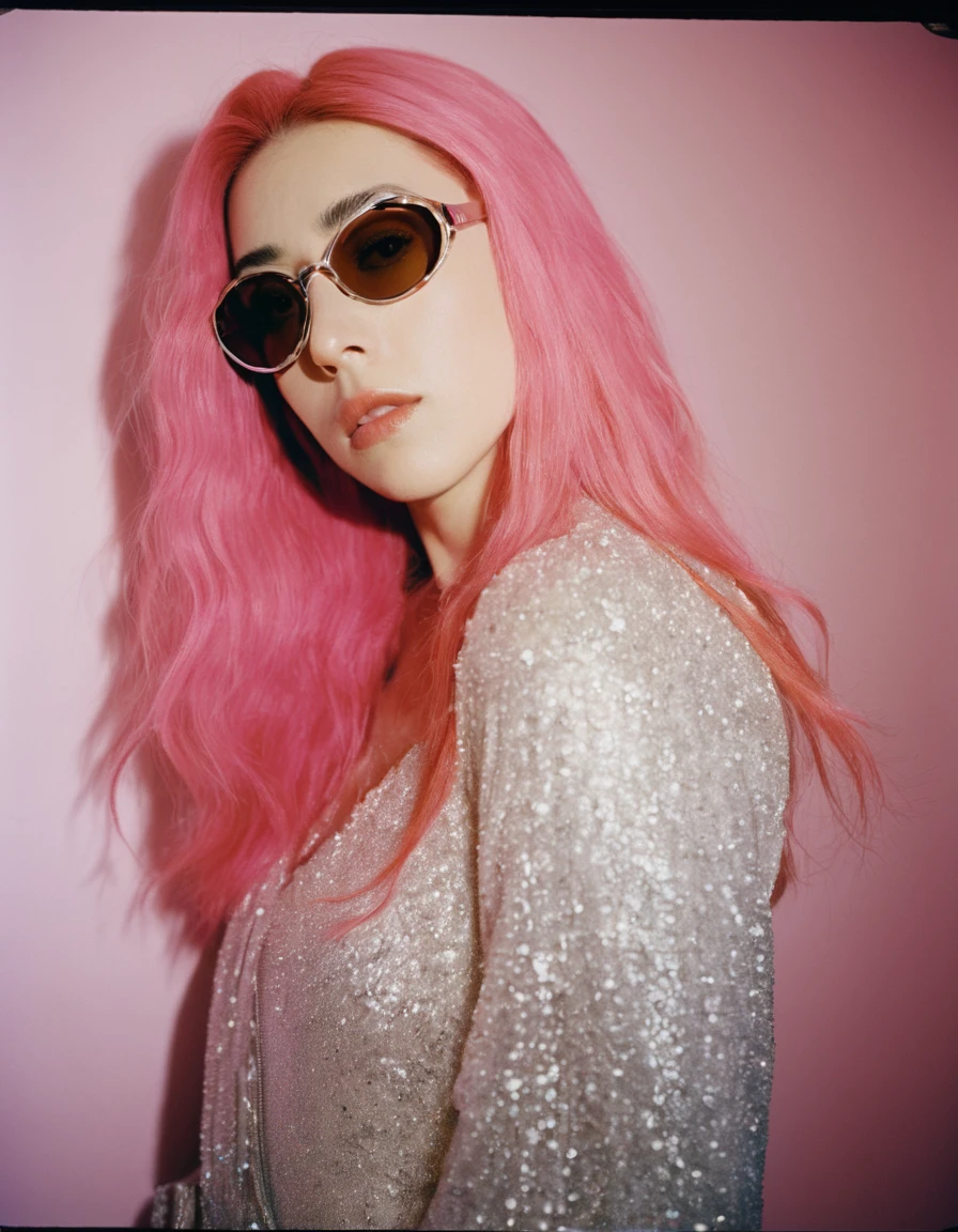 a woman with long pink hair, standing in front of a wall with a light shining on her face, photography of todd hido, dramatic light 8 0 mm camera, todd hido, shot on large format film camera, medium format. soft light, todd hido photography, studio medium format photograph, photo taken with provia 1967, subtractive lighting, Hasselblad photograph,Aerial View,woman, with long pink hair,( dress, sunglasses,) , music video, youtube, screenshot, dua lipa, long hair