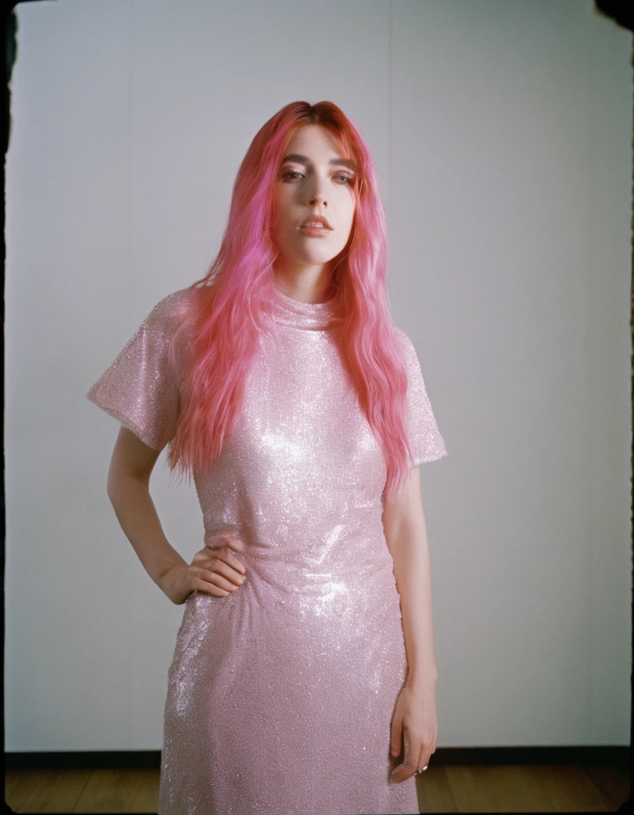 a woman with long pink hair, standing in front of a wall with a light shining on her face, photography of todd hido, dramatic light 8 0 mm camera, todd hido, shot on large format film camera, medium format. soft light, todd hido photography, studio medium format photograph, photo taken with provia 1967, subtractive lighting, Hasselblad photograph,Aerial View,woman, with long pink hair,( dress, sunglasses,) , music video, youtube, screenshot, dua lipa, long hair
