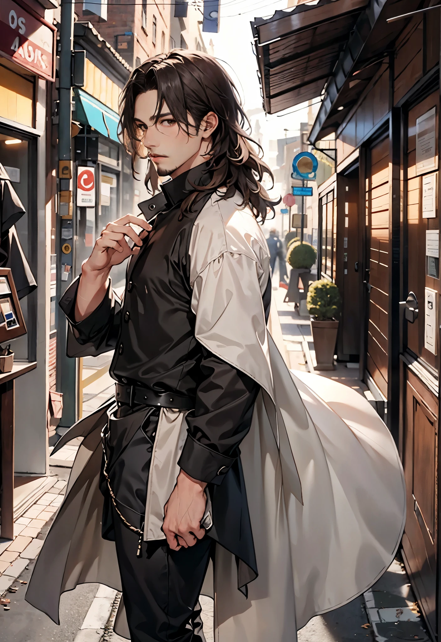 1 man, focus men,（8k， RAW Photos， The best quality， Masterpiece：1.2）， （being realistic， realistic photography：1.4）， lightning， A high resolution，hexagons，（1 neocruz boys）， black fur，long hair, messy hair, Brown eyes, opulent， soft skin， （oval shaped face：1.1）goatee， lightning profesional， Photon mapping， city radio， physically based rendering， elegant， sexy masculinity，Carry white tangusculature.，full body naked，massive lump，