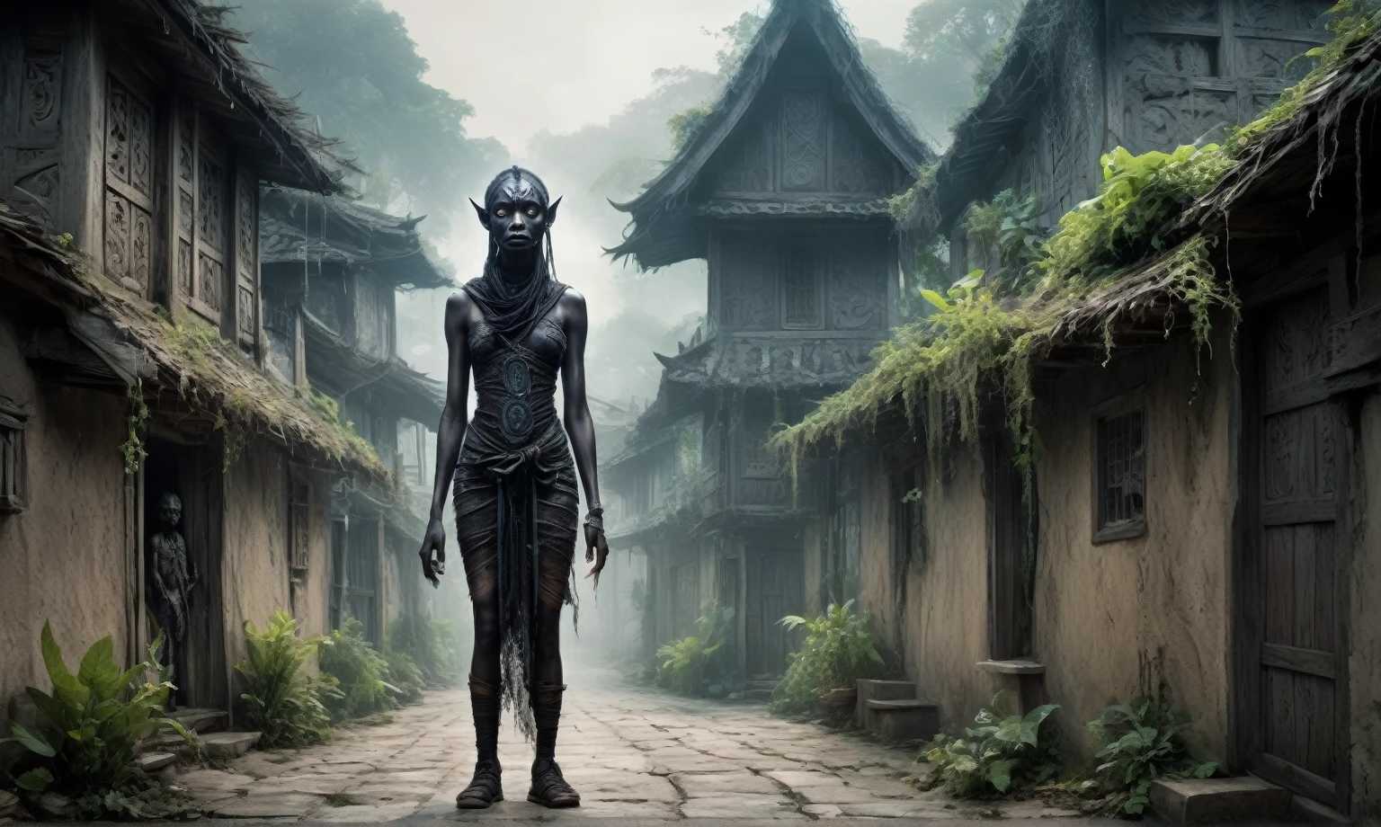 full body length shot,beggar niobium graphite mummy of Alien Entity,native africa slave,Caribbean with AI in brain,starving,medieval azctec city,Cinematic,soft colors, Technicolor,natural skin textures, hyper realism, hyper detailed,Extremely detailed,High contrast,Masterpiece,Realistic,Ultra Detailed, intricate details,realistic humid leather,extremly intricate,Epic Realistic, cinematic style, irina yermolova,high contrast,hdr,extremely detailed,masterpiece, intricate details, eyes extremely detailed, high detailed eyes,8k resolution,retina, Nikon Z9,Korea,orc,Li River in Guangxi Zhuang of medieval Italia, perfect, Elf，transition between two art styles, Double contact, X-ray, Creative, vivid light, fantasy, Abstract, Surrealism, super detailed, high resolution, trap against fairies between houses in air,insanity wear,Her skin is pale, almost translucent. symbols of gothic elements, further emphasizing its dark air
