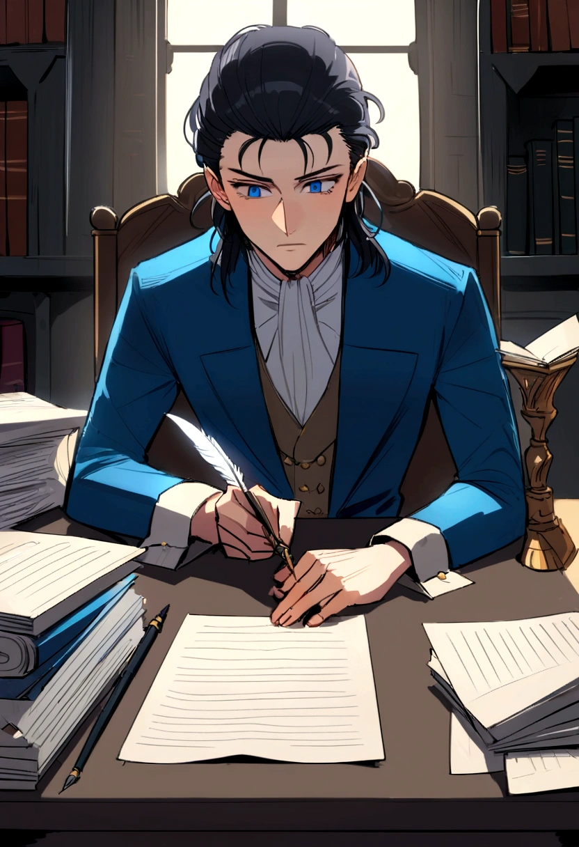 A meticulously organized desk with documents and a quill pen, while a  boy writes a letter,Game of Thrones,boy is tall and has short black hair, blue colored eyes, dark expression, usa pretoe dourado, famously portrayed by Charles Dance, mascle