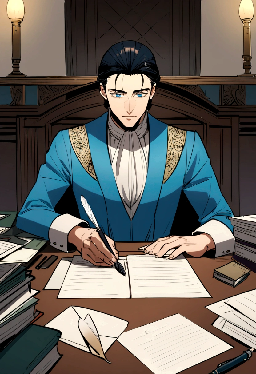A meticulously organized desk with documents and a quill pen, while a boy writes a letter,Game of Thrones,boy is tall and has short black hair, blue colored eyes, dark expression, usa pretoe dourado, famously portrayed by Charles Dance, mascle