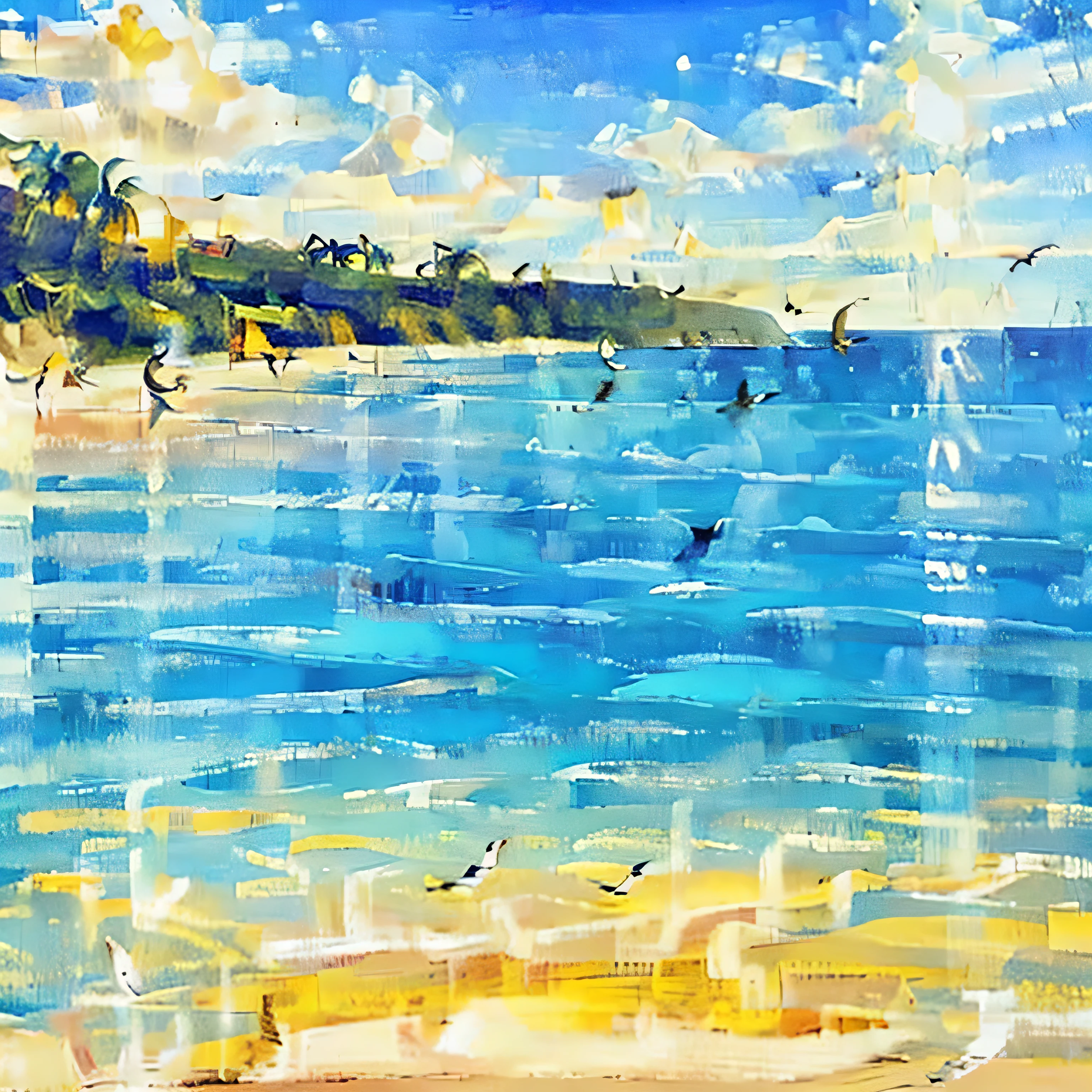 Under the scorching sun，A yellow and blue umbrella is placed on the beach，A half-buried beach volleyball，Several seagulls walking on the beach，A speedboat is sailing on the sea in the distance，Composition