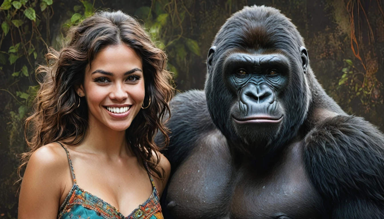 (Lara Croft, large breasts, light blue bikini, nipples, cameltoe) full body, smiling, standing beside huge male gorilla in ancient ruins in the jungle