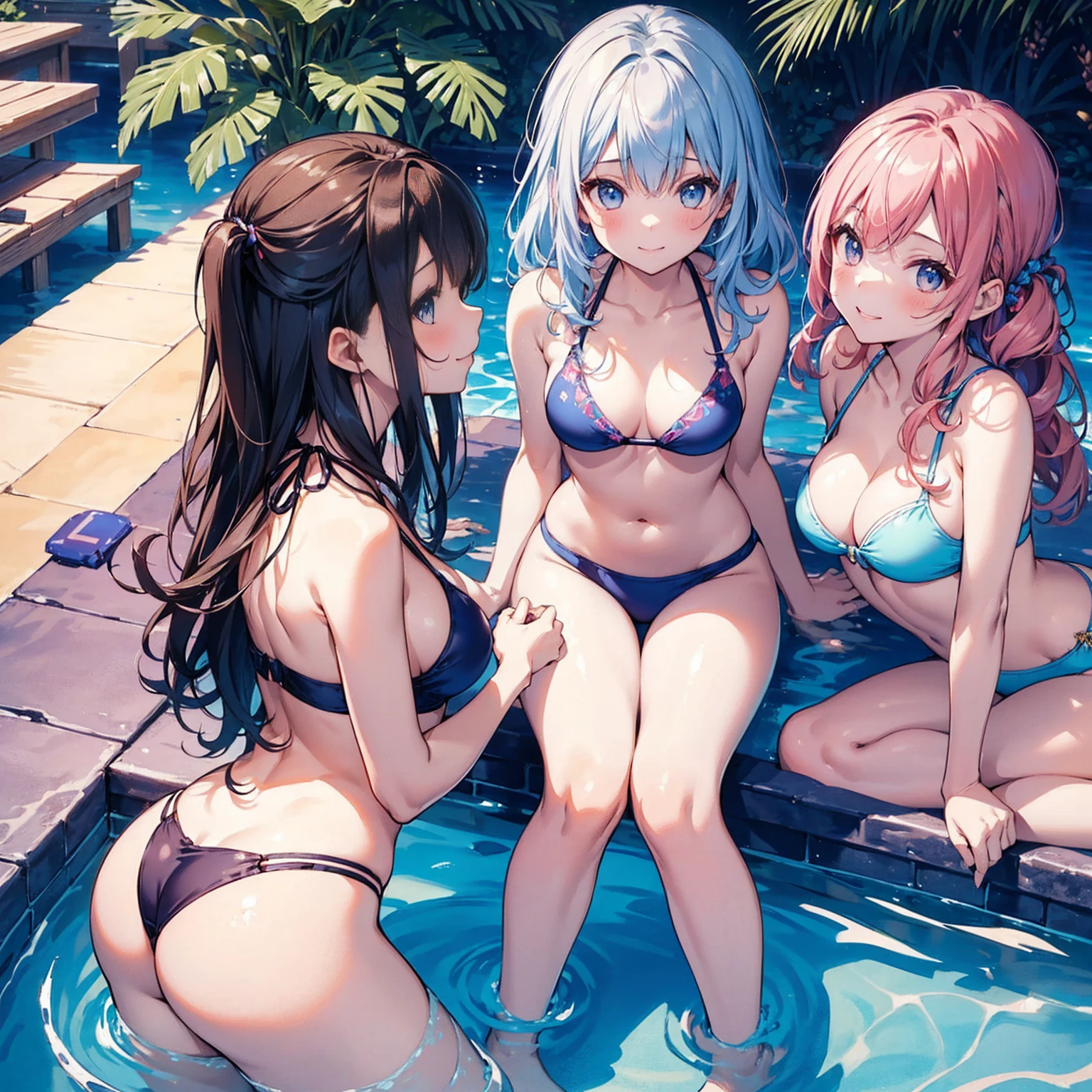 Best image quality, 8K, high quality, masterpiece:1.2), ((masterpiece)), (High detail, high quality, Best image quality), Bokeh, Depth of written boundary, Portraiture, Open Stance, (Cute illustrations:1.2), Five Girls, Poolside, (Multiple girls with different hair colors and styles:1.2), Dawn, Beautiful light, Professional Lighting, (Small breasts), (Bright color high V-neck bikini swimsuit,), (Idol Master), Cute round face girl, sexy, Dynamic pose, An exciting mood, smile, Dynamic Angle, Underarm,
