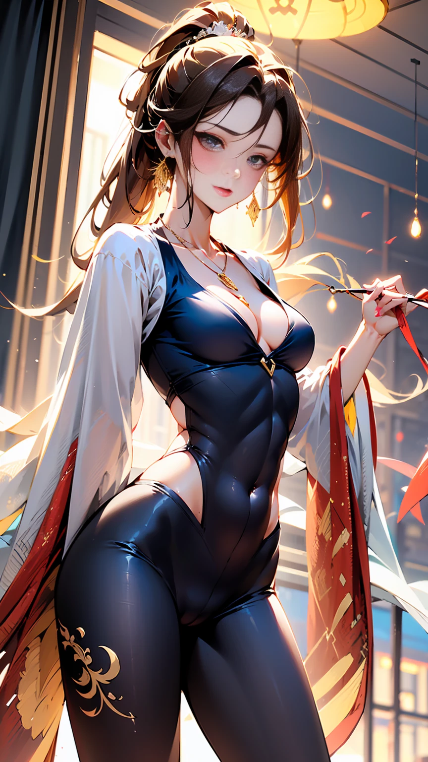 Beautiful woman with long straight ponytail blond hair with blue eyes wearing a Black Tight Leggings With Golden Dragon Prints, a Red Sexy Criss Cross Mock Neck Short Sleeves Blouse With Phoenix Prints, luxurious jewelry and a luxurious necklace, 18k gold wedding ring on left hand, standing in a balcony at night of full moon, (caucasian skin), (light brown lipstick), (elegant mascara), (slim body with abs), (small breasts), (wide hips), midjourney, <lora:GoodHands-, <lora:GoodLegs-, UHD, high resolution, (masterpiece:1.1, best quality), (expressive eyes, perfect face, full body, expressive face, perfect body, perfect pussy, athletic, fit, slim body, blushing, Perfect makeup, eyeliner, beautiful eyelashes, smiling, horny face), ((best illumination, best shadows)), ((sexy pose))