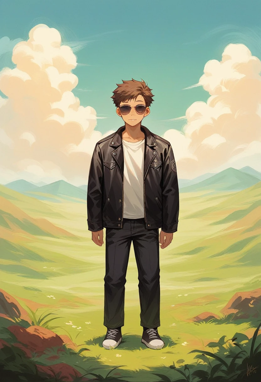 "A young man of approximately 20 years, with messy brown hair, is standing on a hill. He looks thoughtfully toward the horizon where the sun is setting, painting the sky with shades of orange, pink and purple. His expression is serene and thoughtful.. , and is wearing a black leather jacket that contrasts with the warm