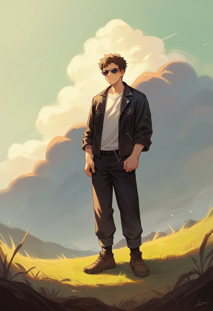 "A young man of approximately 20 years, with messy brown hair, is standing on a hill. He looks thoughtfully toward the horizon where the sun is setting, painting the sky with shades of orange, pink and purple. His expression is serene and thoughtful.. , and is wearing a black leather jacket that contrasts with the warm