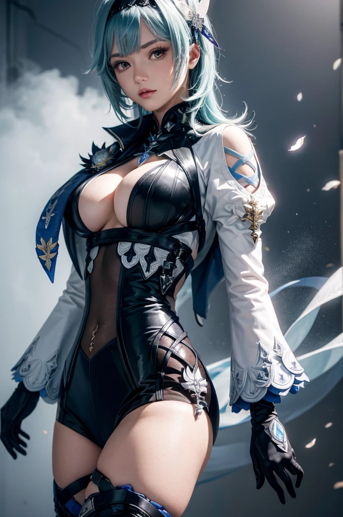 ((euladef)):1.5,((masterpiece,Highest quality,Highly detailed images,Beautiful images))1.4（Huge crystal in the background、Overall dim lighting、Backlight、A fantastic atmosphere、Thick Fog、Dust flutters)1.3,(Close-up image of eula)1.1、（Beautiful cleavage、Exposing cleavage）Mr.々A pose
