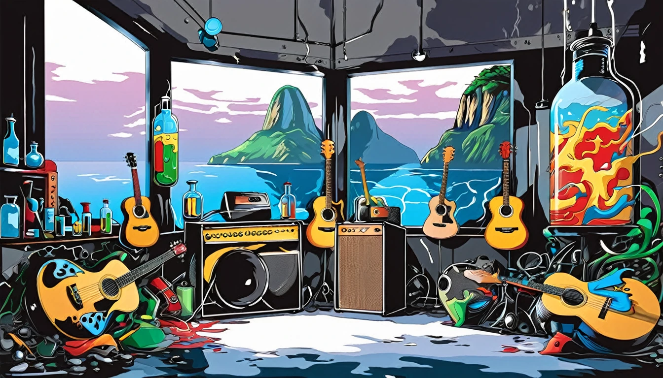 Masterpiece; Guitars and drums in a small science lab(((several science bottles around the room))); World map on the wall. acustic guitar complete with speakers and glass flasks of chemistry, embody the resilience and tenacity of the scientific community, infused with a bold graphic allure that enlivens the spirit of science. The design penetrates layers of depth, integrating the raw essence and vibrant cores of Rio de Janeiro culture. Brushstrokes that incorporate the fluid energy of graffiti on guitars and acoustic guitars weave around dynamic geometric shapes, adorning the laboratories with an evocative masterpiece that speaks to the heart of the intersection between two diverse worlds. Majestically rendered in high definition and vibrant color, every detail bursts with life, inviting viewers to marvel at the beauty that; by Monet