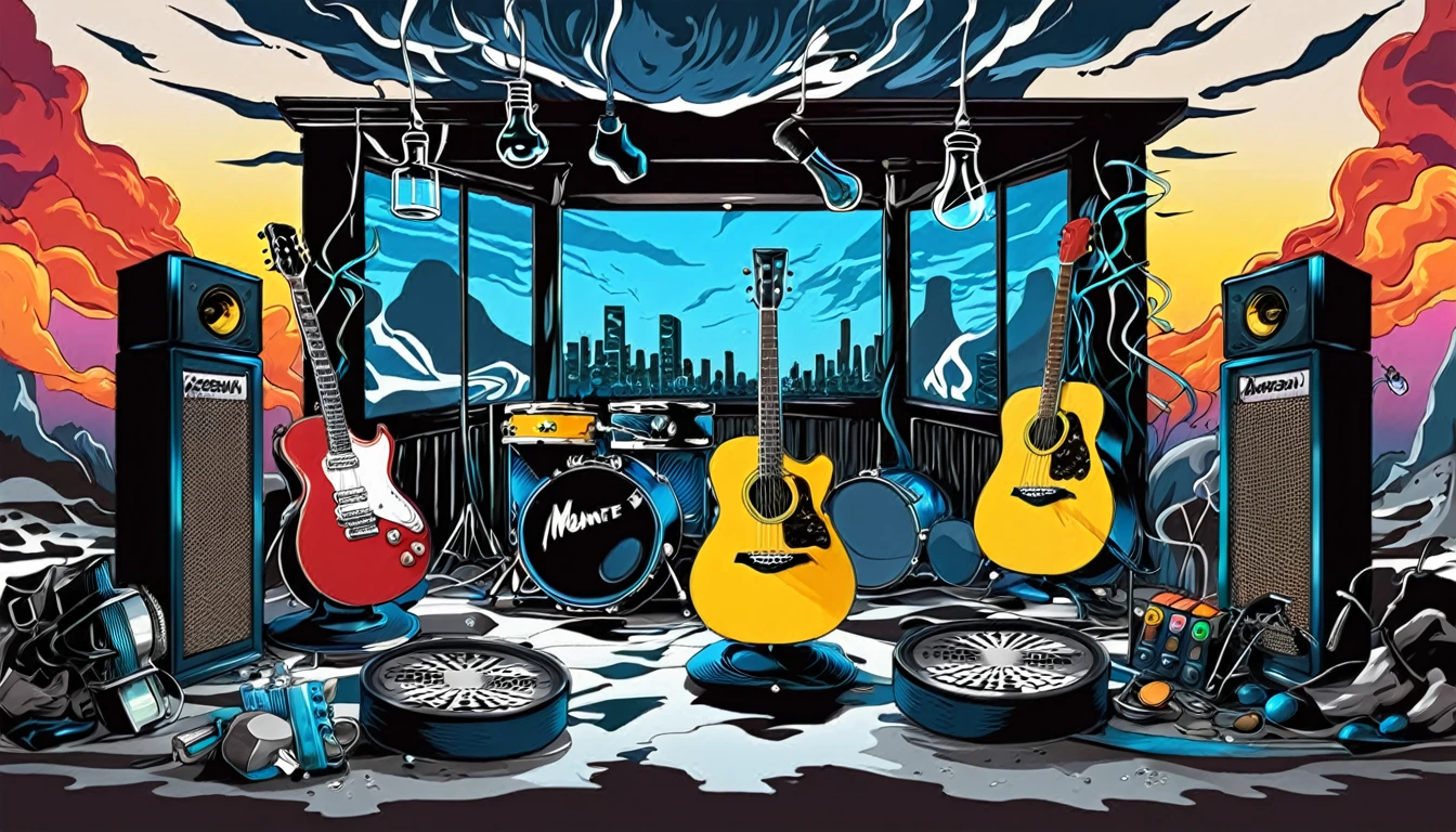 Masterpiece; Guitars and drums in a small science lab(((several science bottles around the room))); World map on the wall. acustic guitar complete with speakers and glass flasks of chemistry, embody the resilience and tenacity of the scientific community, infused with a bold graphic allure that enlivens the spirit of science. The design penetrates layers of depth, integrating the raw essence and vibrant cores of Rio de Janeiro culture. Brushstrokes that incorporate the fluid energy of graffiti on guitars and acoustic guitars weave around dynamic geometric shapes, adorning the laboratories with an evocative masterpiece that speaks to the heart of the intersection between two diverse worlds. Majestically rendered in high definition and vibrant color, every detail bursts with life, inviting viewers to marvel at the beauty that; by Monet