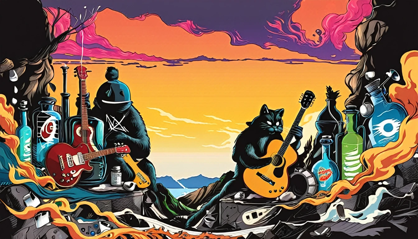 Masterpiece; Guitars and drums in a small science lab(((several science bottles around the room))); World map on the wall. acustic guitar complete with speakers and glass flasks of chemistry, embody the resilience and tenacity of the scientific community, infused with a bold graphic allure that enlivens the spirit of science. The design penetrates layers of depth, integrating the raw essence and vibrant cores of Rio de Janeiro culture. Brushstrokes that incorporate the fluid energy of graffiti on guitars and acoustic guitars weave around dynamic geometric shapes, adorning the laboratories with an evocative masterpiece that speaks to the heart of the intersection between two diverse worlds. Majestically rendered in high definition and vibrant color, every detail bursts with life, inviting viewers to marvel at the beauty that; by Monet