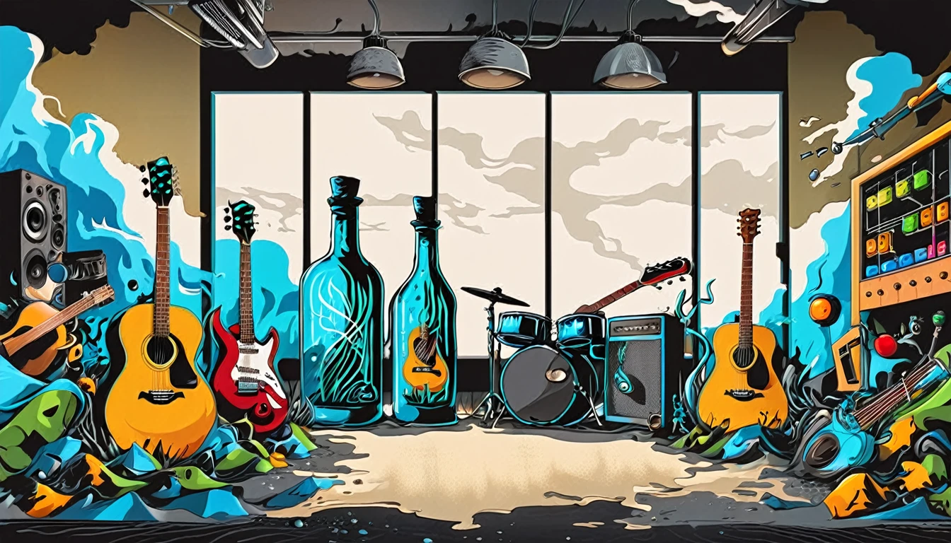 Masterpiece; Guitars and drums in a small science lab(((several science bottles around the room))); World map on the wall. acustic guitar complete with speakers and glass flasks of chemistry, embody the resilience and tenacity of the scientific community, infused with a bold graphic allure that enlivens the spirit of science. The design penetrates layers of depth, integrating the raw essence and vibrant cores of Rio de Janeiro culture. Brushstrokes that incorporate the fluid energy of graffiti on guitars and acoustic guitars weave around dynamic geometric shapes, adorning the laboratories with an evocative masterpiece that speaks to the heart of the intersection between two diverse worlds. Majestically rendered in high definition and vibrant color, every detail bursts with life, inviting viewers to marvel at the beauty that; by Monet