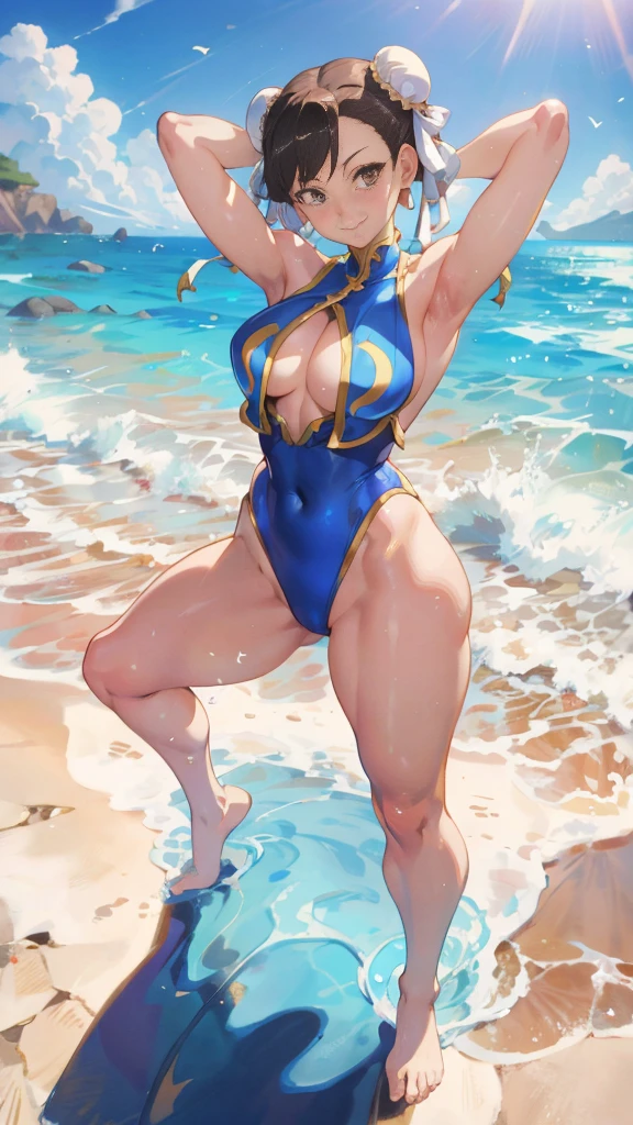 Street fighter chun li smiling, showing armpits and , .((())) at the beach, full body, swim suit 